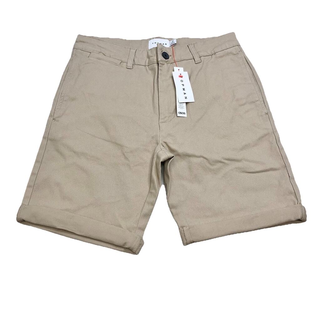 Topman Mens Khaki Chino Shorts Size 28 Casual Flat Front Summer Classic